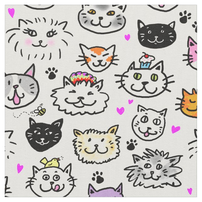 Tecido Padrão de Gato Whimsical Faces (Detalhe)