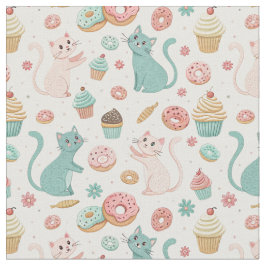 Tecido Padrão de Gatos Fofos & Cupcakes - Arte de Gatinho