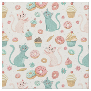 Tecido Padrão de Gatos Fofos & Cupcakes - Arte de Gatinho