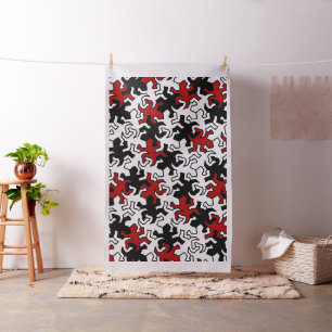 Tecido Padrão de Geckos Mosaicos - preto vermelho
