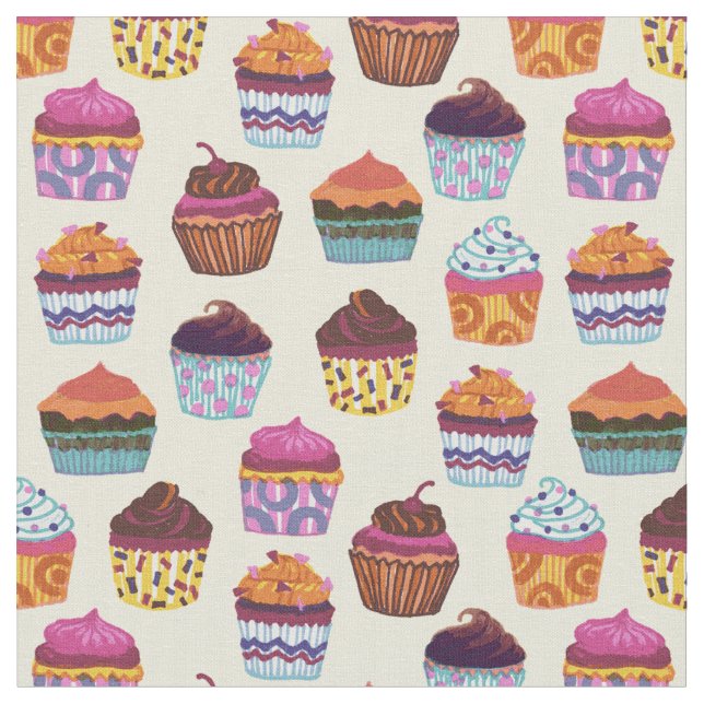 Tecido Padrão de Ilustração de Cupcakes Coloridos Quirky (Detalhe)