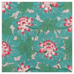 Tecido Padrão de Lótus Chinês Rosa Vermelho Verde Azul