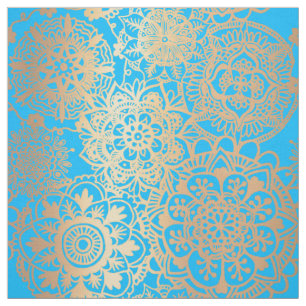 Tecido Padrão de Mandala Azul e Dourado