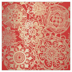 Tecido Padrão de Mandala de Natal Vermelho e Dourado