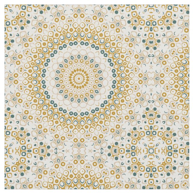 Tecido Padrão de Mandala Geométrico Dourado e Verde (Detalhe)