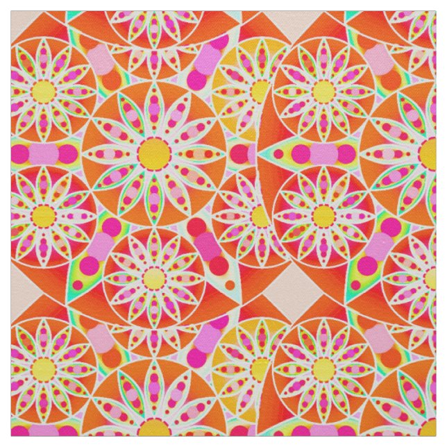 Tecido Padrão de mandala, vermelho de coral, rosa, ouro (Modelo)