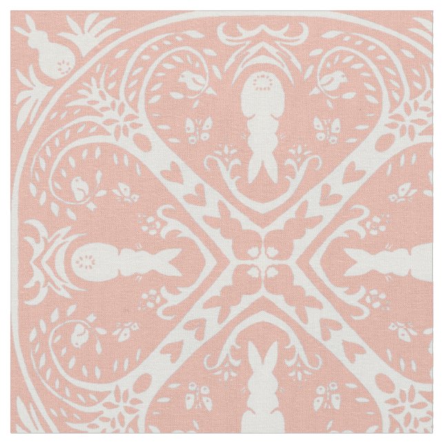 Tecido Padrão de Medalhão de Coelho Branco e Rosa Esbranq (Detalhe)