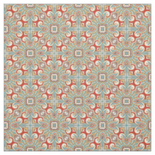 Tecido Padrão de mosaico floral vermelho e azul turquesa