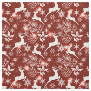 Tecido Padrão de Natal vermelho e branco com renas, sno