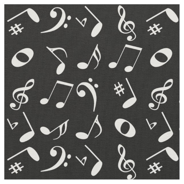 Tecido Padrão de notas de música em ângulo branco em pret (Detalhe)