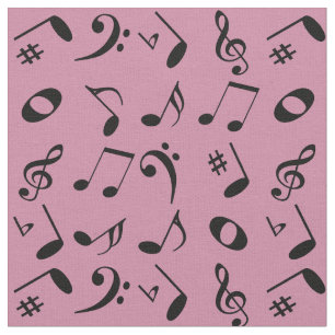 Tecido Padrão de notas de música preto angular a rosa