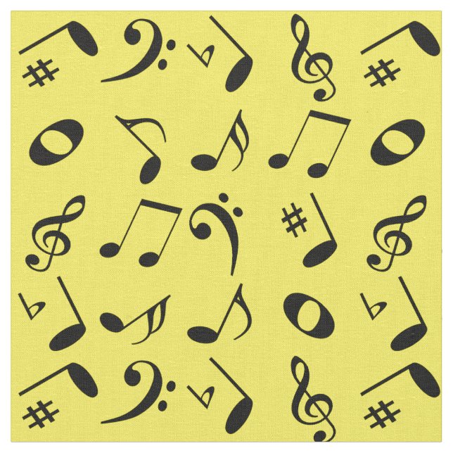 Tecido Padrão de notas de música preto angular em amarelo (Detalhe)