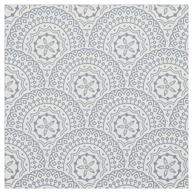 Tecido Padrão de ondas de mandala azul sobre fundo branco (Modelo)