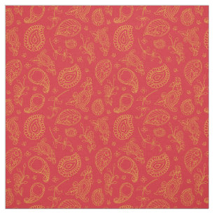 Tecido Padrão de Paisley do Saree Indiano Vermelho e Dour