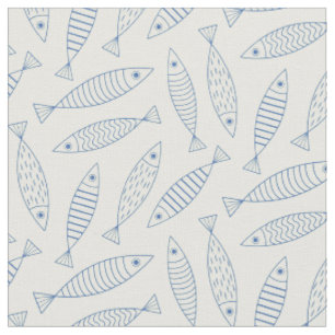 Tecido Padrão de Peixe Sardinha Azul Doodle Esboçado