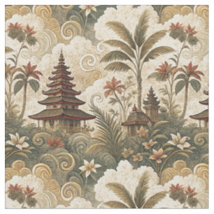 Tecido Padrão de Pintura Tropical de Templo Balinês Antig