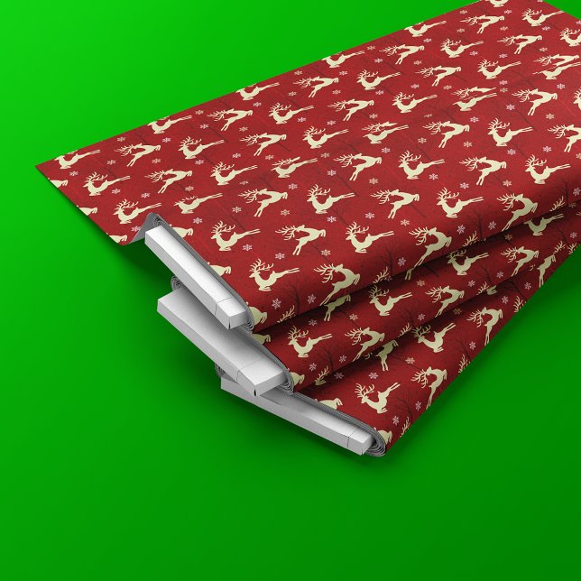 Tecido Padrão de Rena de Natal Dourado Vermelho (Criador carregado)
