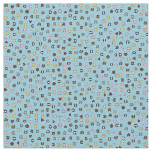 Tecido Padrão de Rostos de Gato Desenhado à Mão Celest