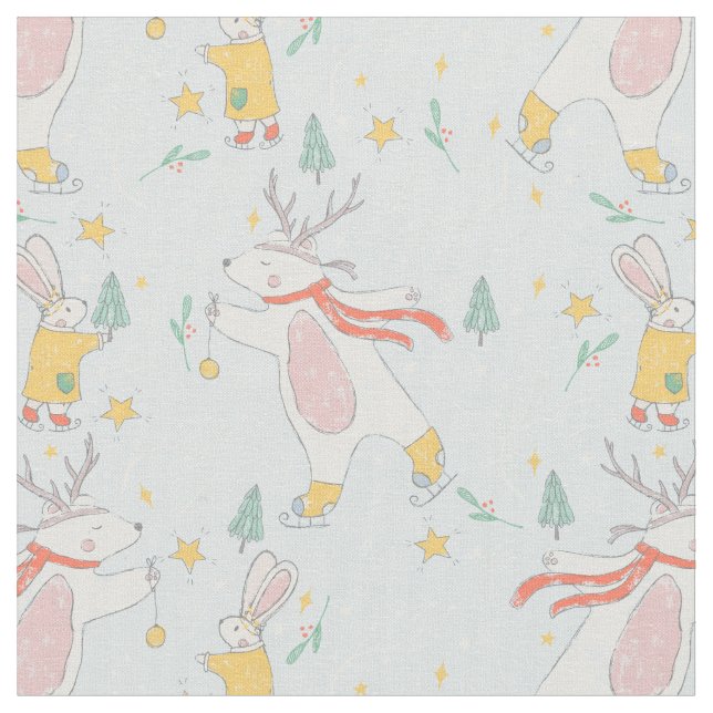 Tecido Padrão de Urso e Coelho de Bosque de Inverno (Detalhe)