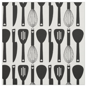 Tecido Padrão de Utensílios de cozinha branca preta