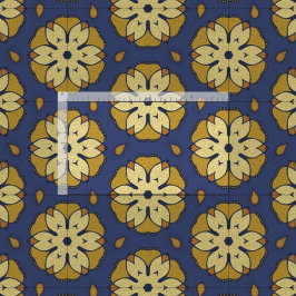 Tecido Padrão Dourado e Azul Floral e Teardrop