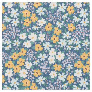 Tecido Padrão Floral Amarelo Branco Azul