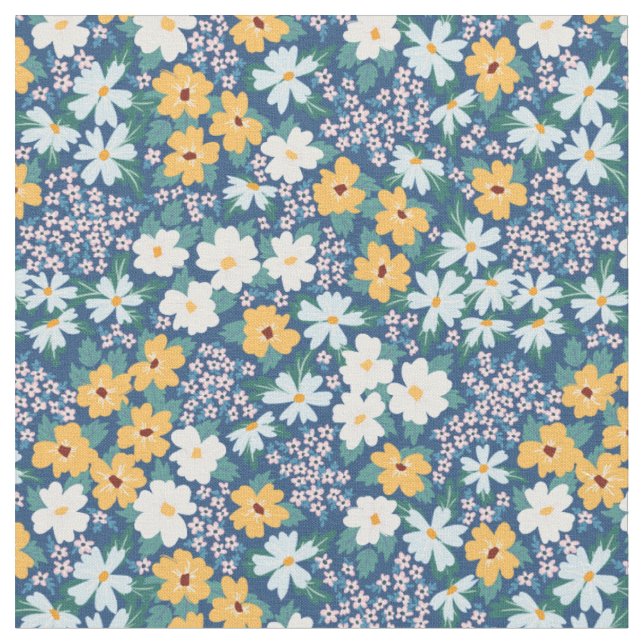 Tecido Padrão Floral Amarelo Branco Azul (Detalhe)