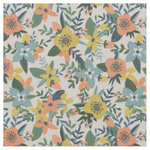 Tecido Padrão Floral Azul Amarelo-Retro