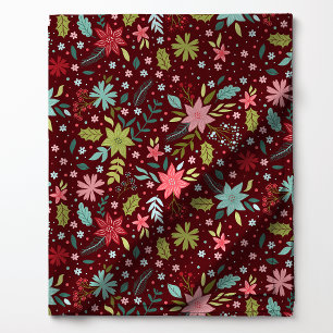 Tecido Padrão Floral Botânico Festivo de Natal Vermelho