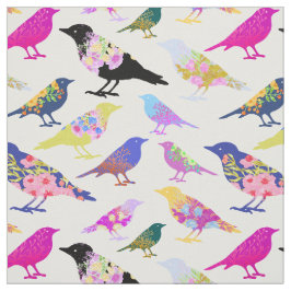 Tecido Padrão Floral Chic Buquê de Flores Pássaros Colori