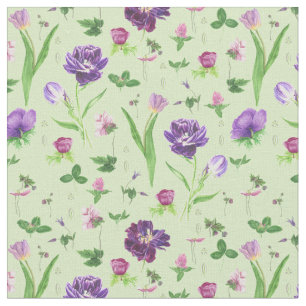 Tecido Padrão Floral das Tulipas Roxas Girly Green