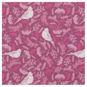 Tecido Padrão Floral de Aves Brancas de Inverno, Rosa Br