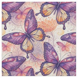 Tecido Padrão Floral de Borboleta Roxa Botânica Elegante