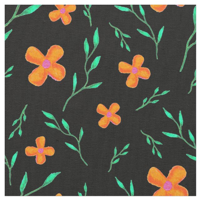 Tecido Padrão Floral de Flor de Cor da Água Preta Laranja (Detalhe)