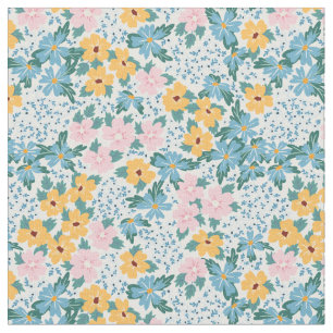 Tecido Padrão Floral de Flores Amarelas Azuis Rosa