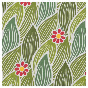 Tecido Padrão Floral de Margarida Verde Vermelha-Cute Gro