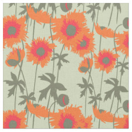 Tecido Padrão floral de poppy art com ranhura laranja grá