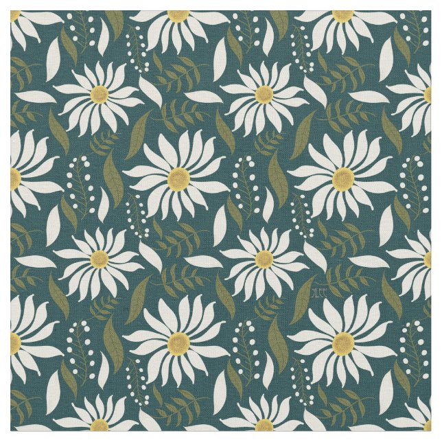 Tecido Padrão Floral de Teal Branco Daisy (Detalhe)