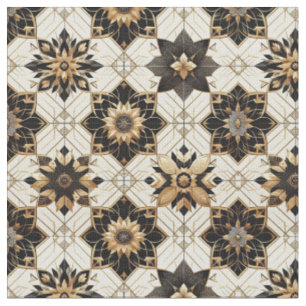Tecido Padrão floral geométrico preto e dourado
