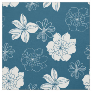 Tecido Padrão Floral Gráfico Branco e Azul
