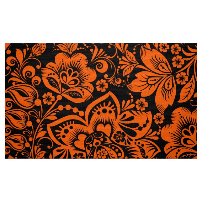 Tecido Padrão Floral Laranja Halloween Fundo Preto (Fat Quarter)