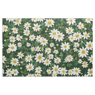 Tecido Padrão Floral Margaridas Brancas Pequenas Verde Es