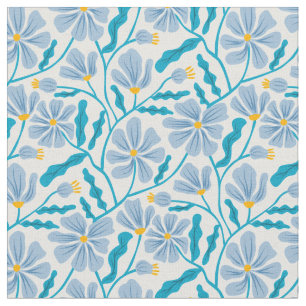 Tecido Padrão Floral Moderno de Meados do Século Azul
