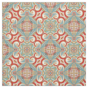 Tecido Padrão Floral Mosaico Retro Charmoso Vermelho Turq