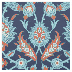 Tecido Padrão Floral Oriental Turco Branco Azul