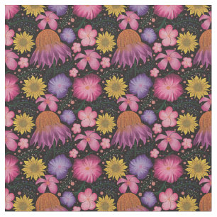 Tecido Padrão Floral Preto de Flor Selvagem