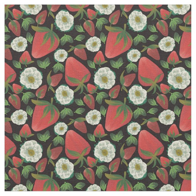 Tecido Padrão Floral Preto de Morango (Detalhe)