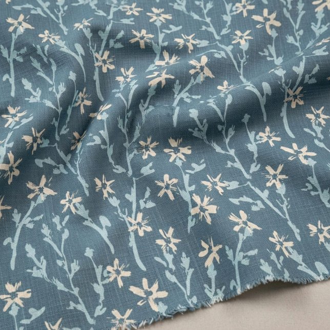 Tecido Padrão floral retrô em estilo boho. Sakura azul. (Elegant sakura blossom fabric in Japanese retro style. Vintage  floral pattern.)