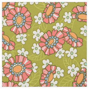 Tecido Padrão Floral Retro Verde e Rosa