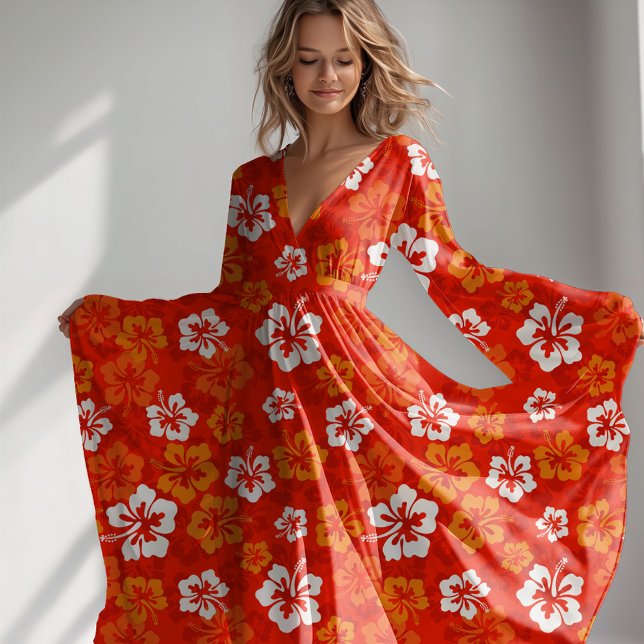 Tecido Padrão floral tropical Hawaiian Hibiscus (Tropical summer bright orange hibiscus pattern)